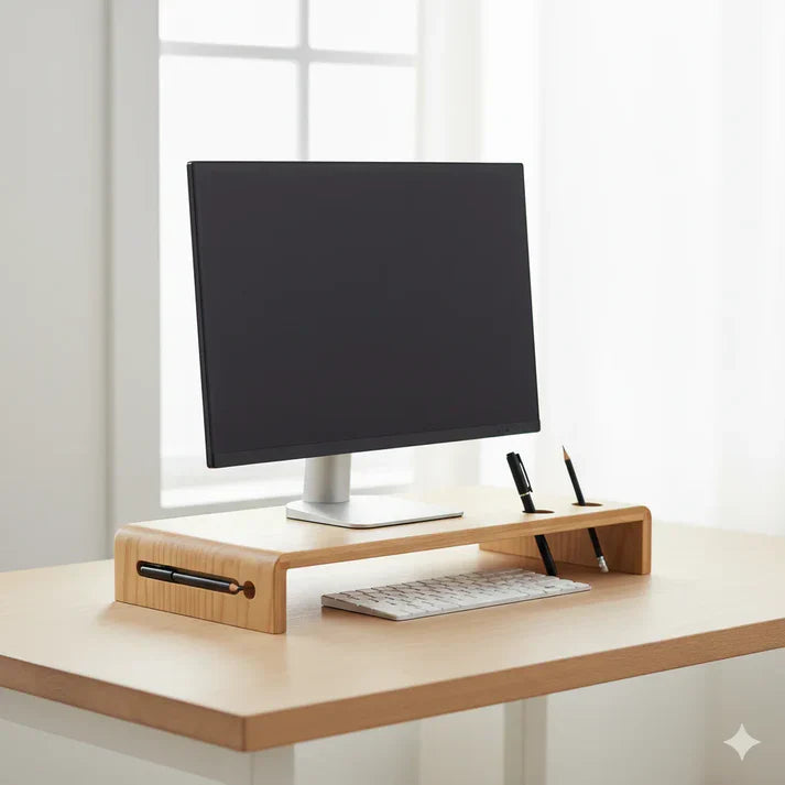 Ergonomic Birchwood Monitor Stand with Organizer